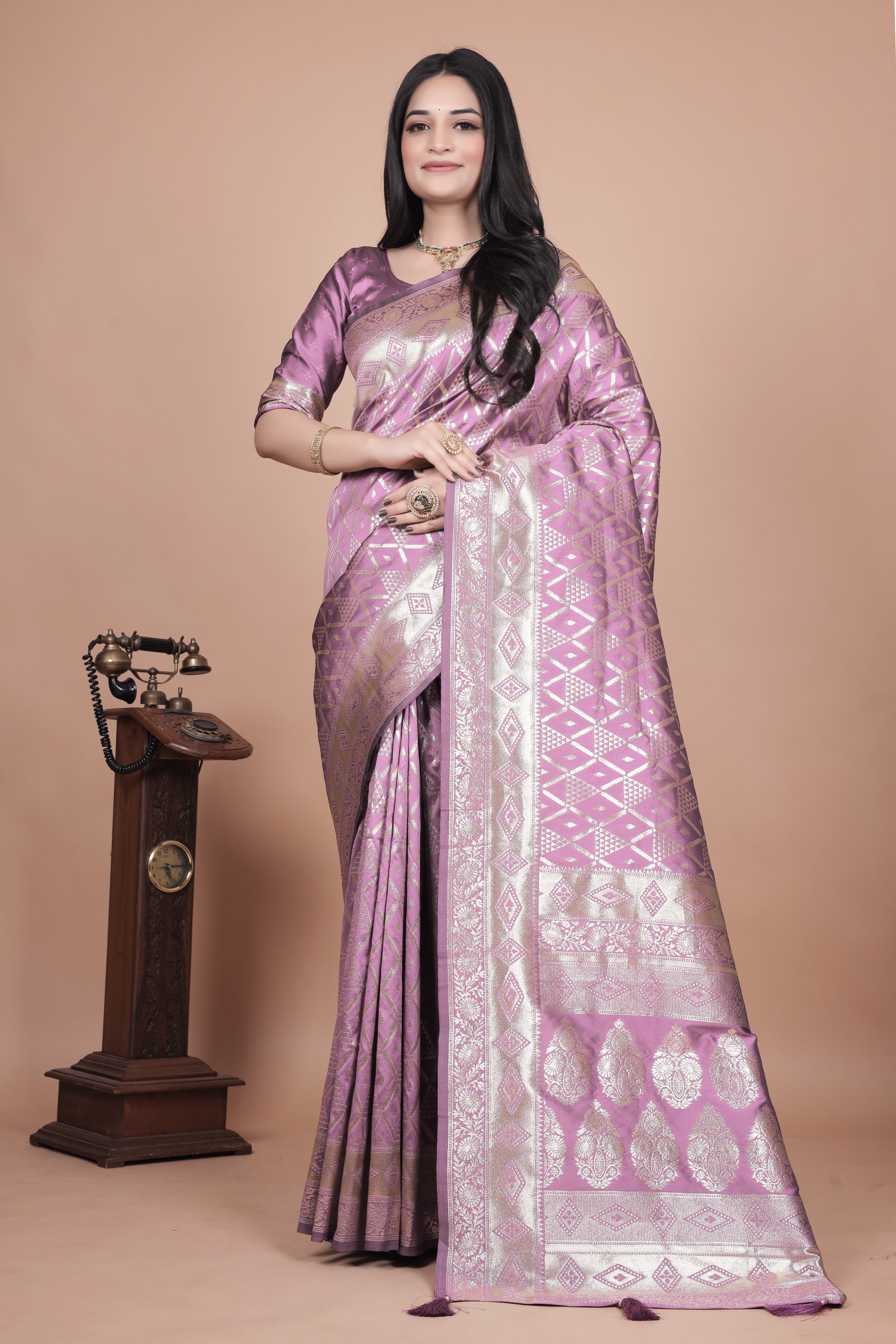 Mauve Banarasi Silk Saree with Silver Zari Elegance With 4 color option